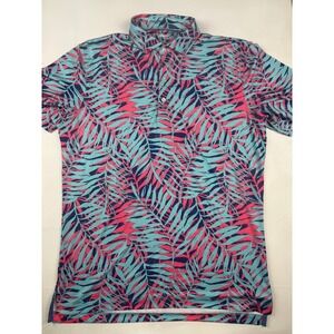Johnnie-O Golf Polo Medium Teal Pink Palm Print Chambers Bay Performance Shirt